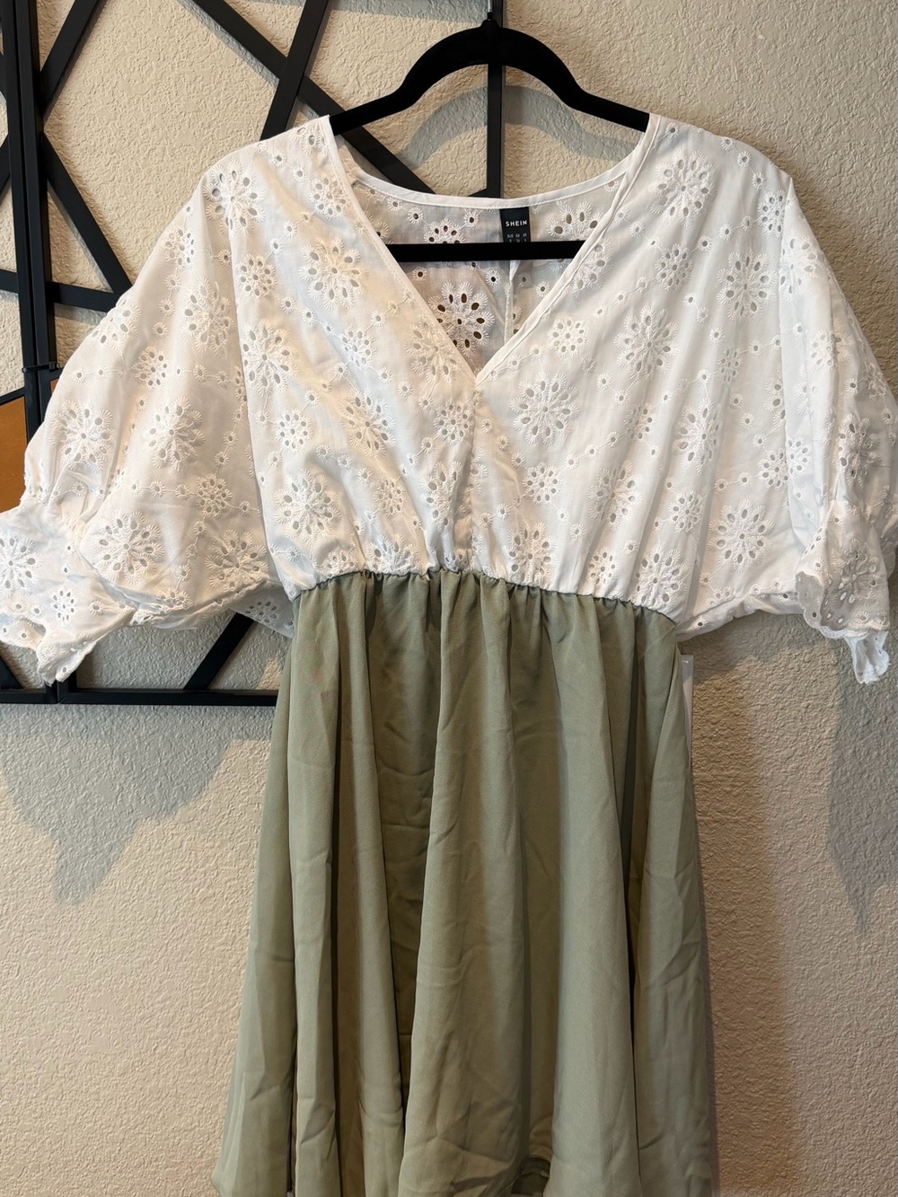 SHEIN White Eyelet V-Neck Midi Dress with Olive Skirt